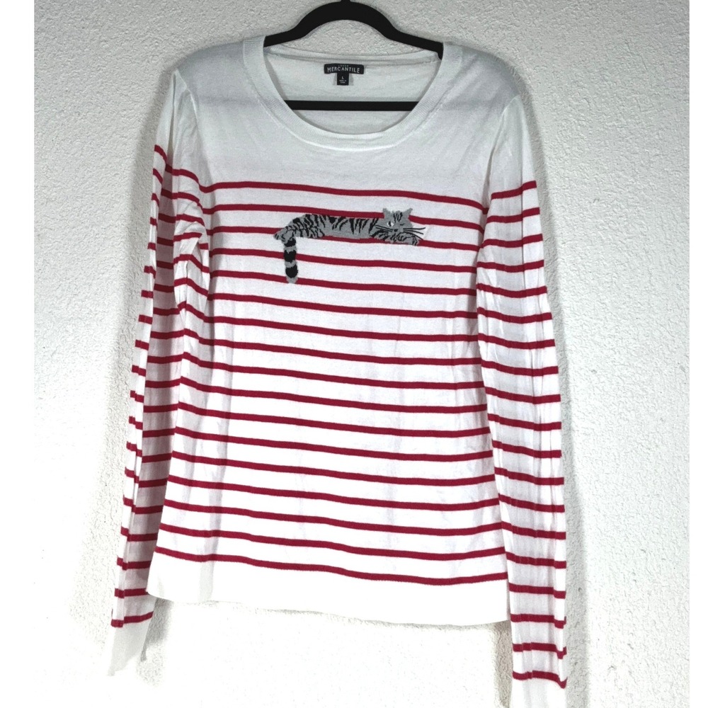 J. Crew Mercantile Red White Striped Sweater - L - Perfect For Cat Lovers!
